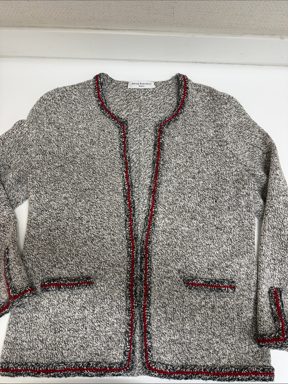 Amina Rubinacci Wool & Cashmere Cardigan with Red Trim Accents